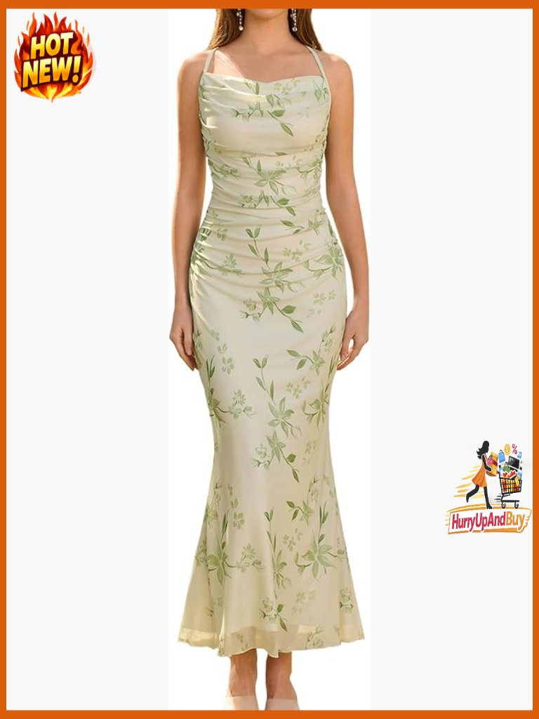 Floral Mesh Maxi Dress Ruched Bodycon Spaghetti Strap Elegant Wedding Guest